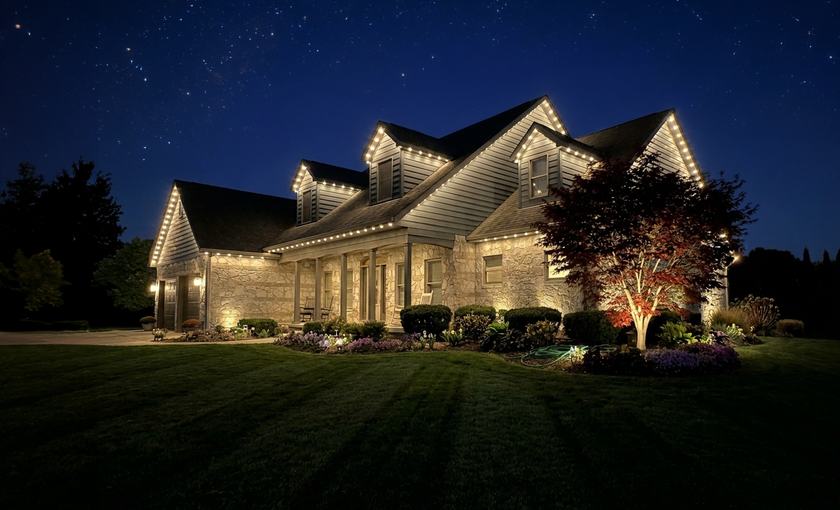 Estate home fully lit with roofline and landscape lighting