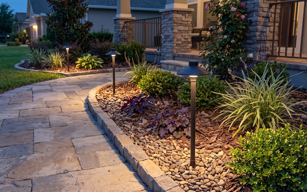 Landscape lighting with an uplit tree and garden beds at night