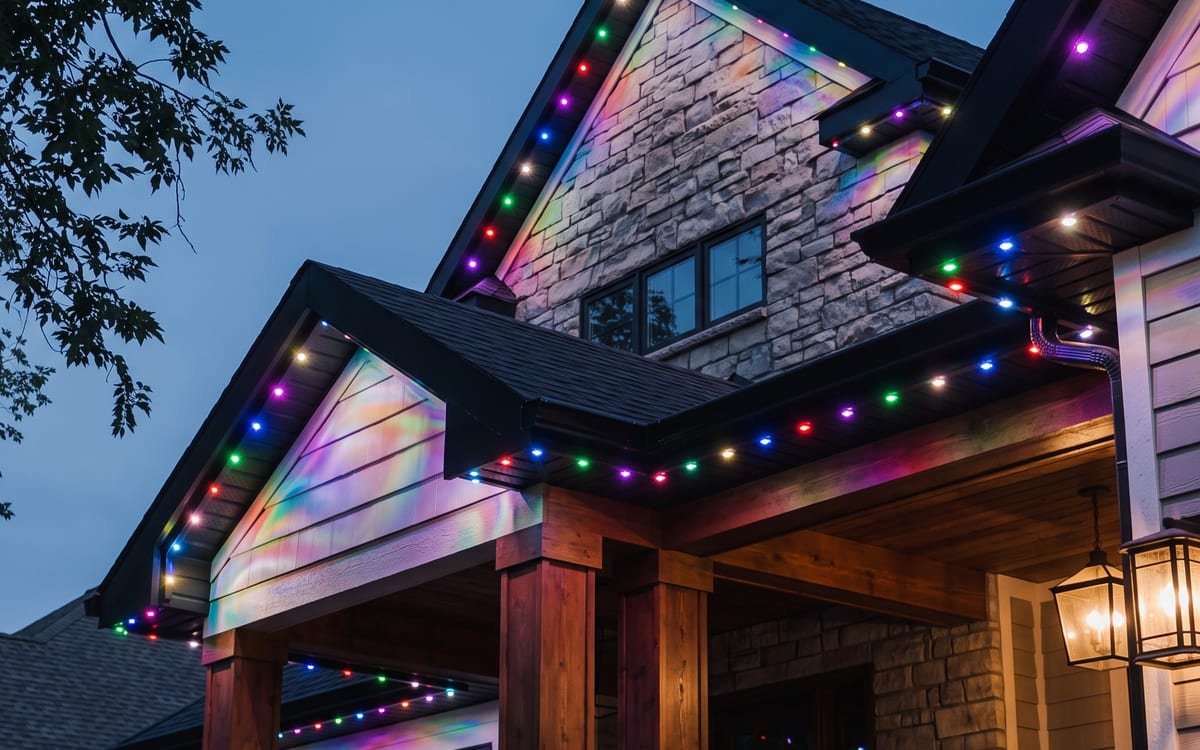 Home at night with warm permanent roofline lighting